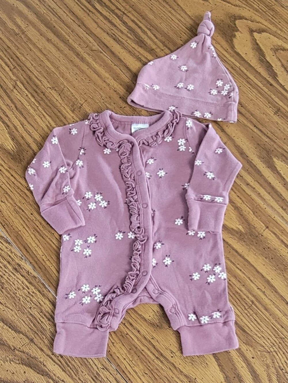Modern Moments by Gerber NB Floral Ruffle Romper & Knot Hat Set Pink Cotton